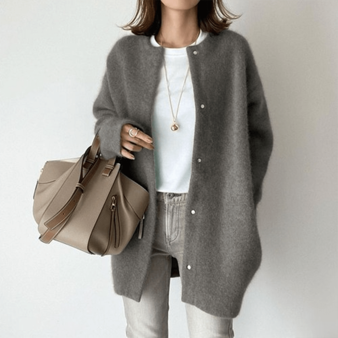 Women Cardigan | Loose Fit Round Neck with Front Pockets - Evergreen Outfits- Cardigans