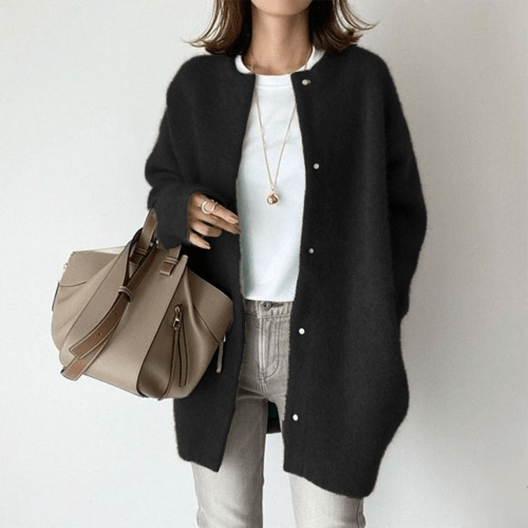 Women Cardigan | Loose Fit Round Neck with Front Pockets - Evergreen Outfits- Cardigans