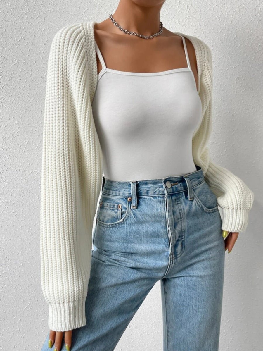 Women Cardigan | Open Front Cropped Fit with Balloon Sleeves - Evergreen Outfits- Cardigans