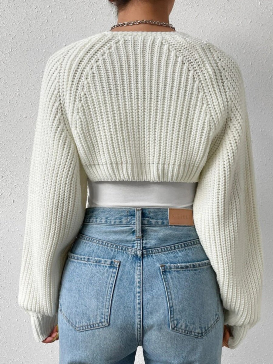 Women Cardigan | Open Front Cropped Fit with Balloon Sleeves - Evergreen Outfits- Cardigans