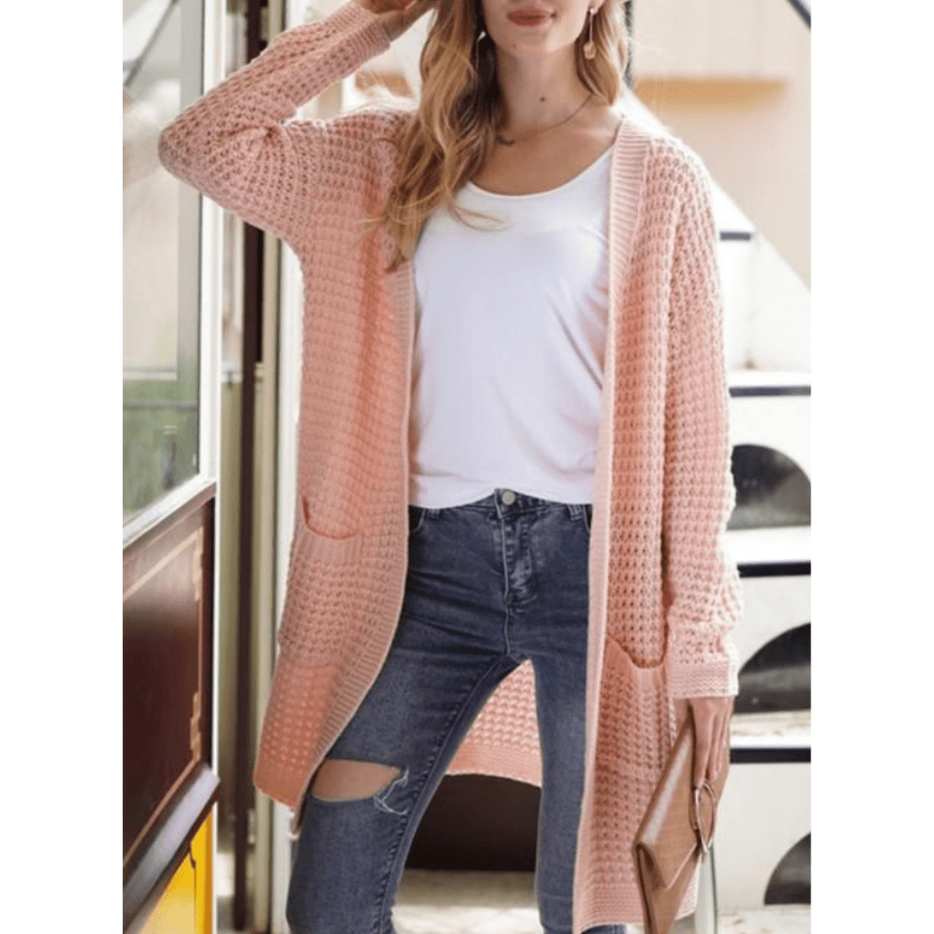 Women Cardigan | Open Front Long Sleeve with Side Pockets - Evergreen Outfits- Cardigans