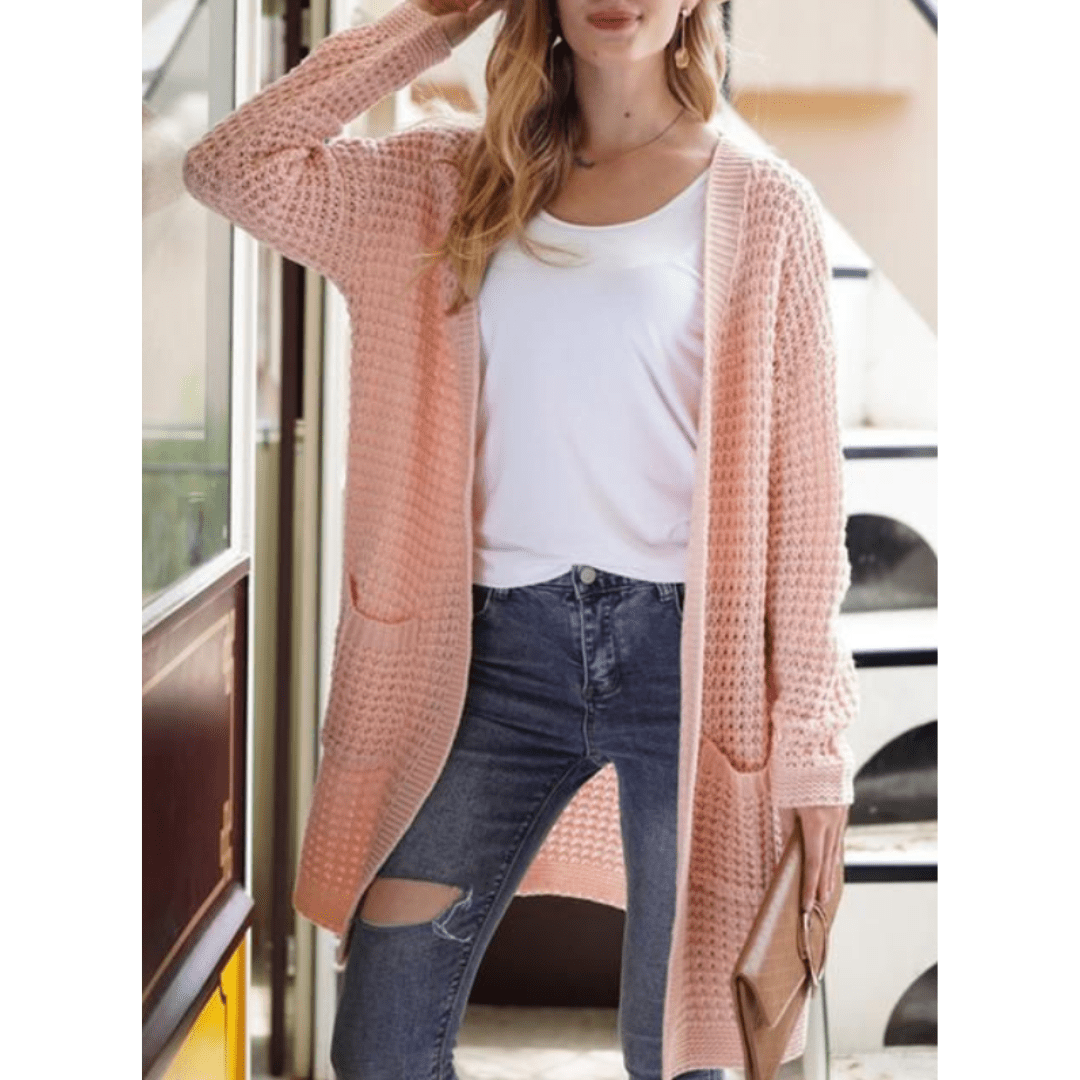 Women Cardigan | Open Front Long Sleeve with Side Pockets - Evergreen Outfits- Cardigans