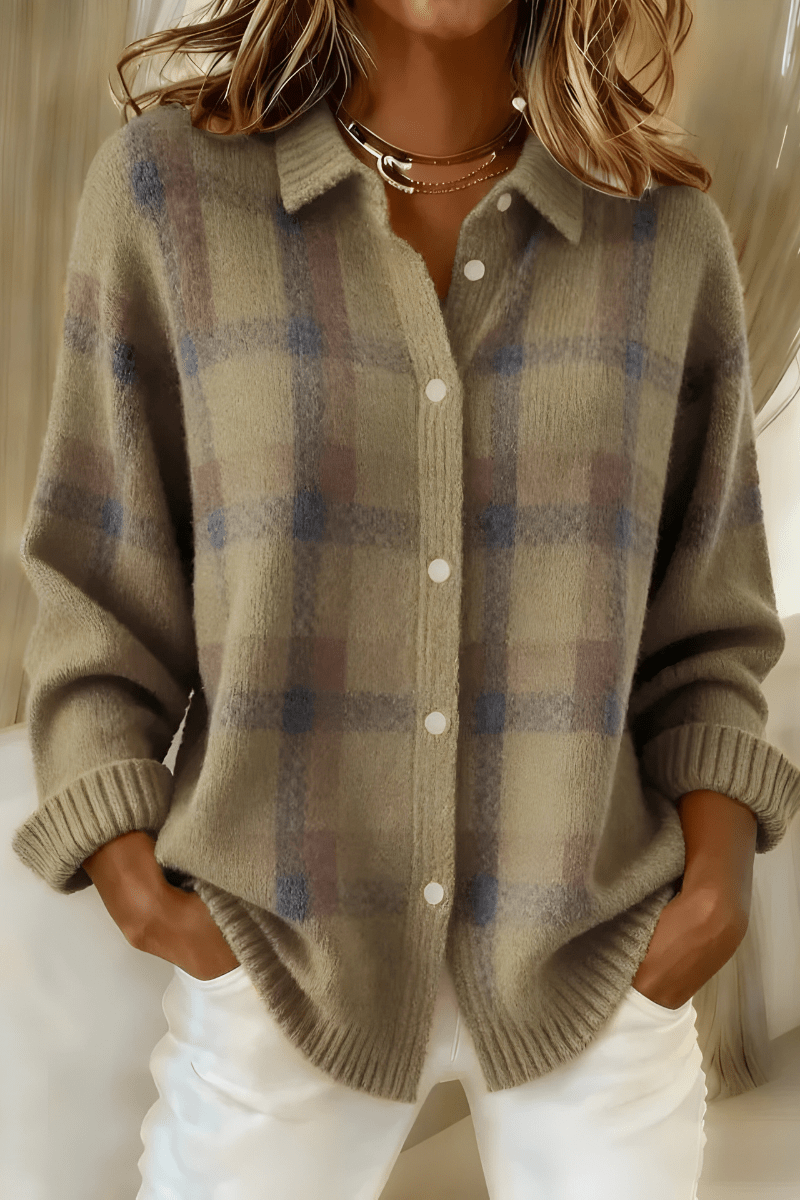 Women Cardigan | Oversized Plaid Knit with Button-Front Closure - Evergreen Outfits- Cardigans