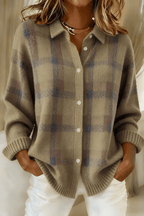 Women Cardigan | Oversized Plaid Knit with Button-Front Closure - Evergreen Outfits- Cardigans