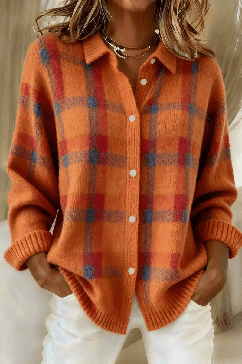 Women Cardigan | Oversized Plaid Knit with Button-Front Closure - Evergreen Outfits- Cardigans