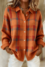 Women Cardigan | Oversized Plaid Knit with Button-Front Closure - Evergreen Outfits- Cardigans