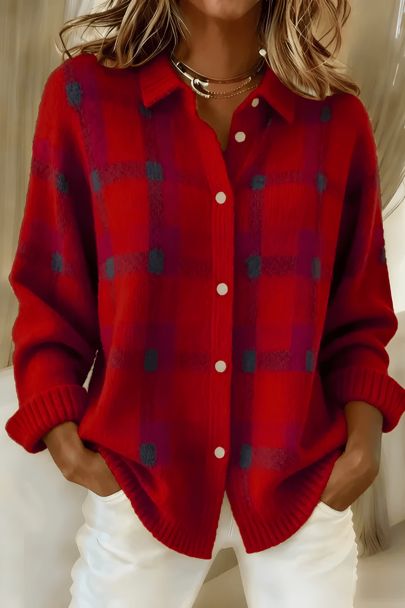 Women Cardigan | Oversized Plaid Knit with Button-Front Closure - Evergreen Outfits- Cardigans