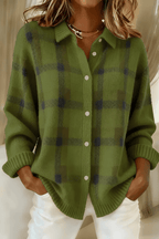 Women Cardigan | Oversized Plaid Knit with Button-Front Closure - Evergreen Outfits- Cardigans