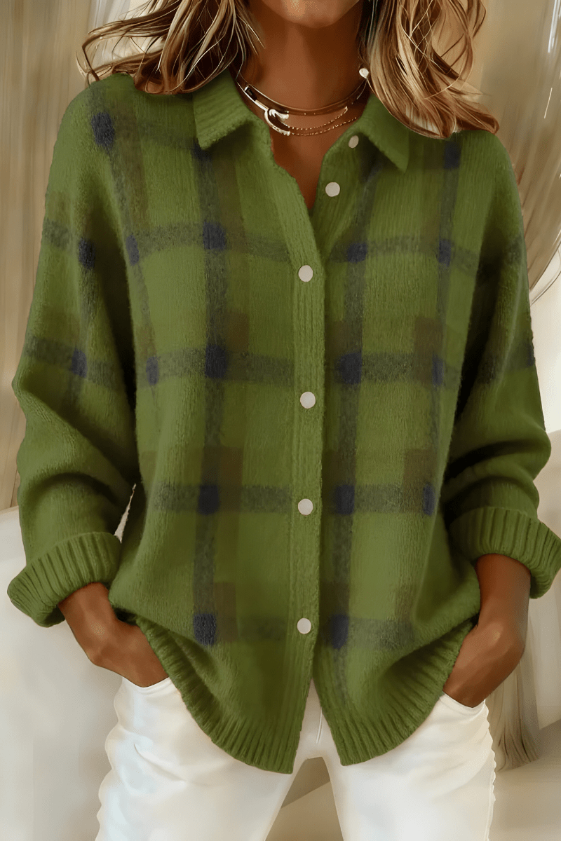 Women Cardigan | Oversized Plaid Knit with Button-Front Closure - Evergreen Outfits- Cardigans