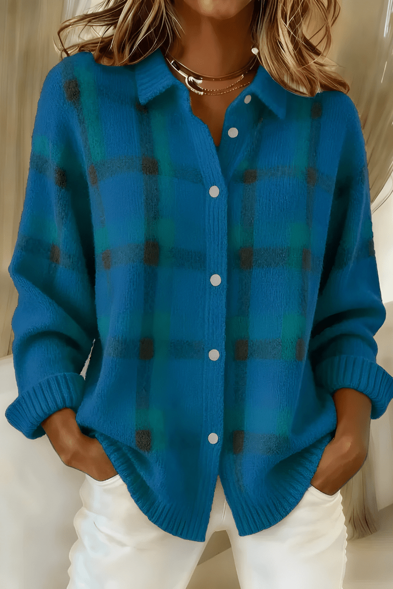 Women Cardigan | Oversized Plaid Knit with Button-Front Closure - Evergreen Outfits- Cardigans