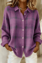 Women Cardigan | Oversized Plaid Knit with Button-Front Closure - Evergreen Outfits- Cardigans