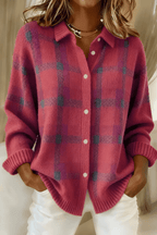 Women Cardigan | Oversized Plaid Knit with Button-Front Closure - Evergreen Outfits- Cardigans