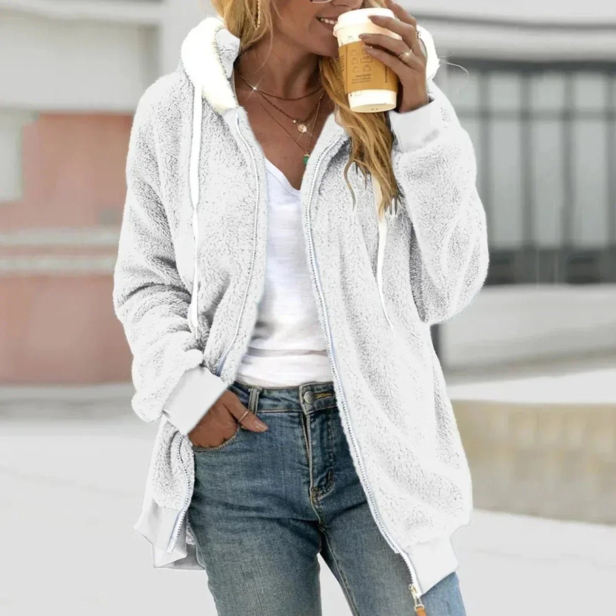 Women Cardigan | Oversized Sherpa Zip Hoodie with Drawstring - Evergreen Outfits- Cardigans