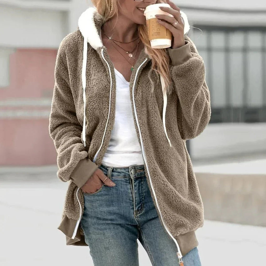 Women Cardigan | Oversized Sherpa Zip Hoodie with Drawstring - Evergreen Outfits- Cardigans