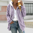 Women Cardigan | Oversized Sherpa Zip Hoodie with Drawstring - Evergreen Outfits- Cardigans