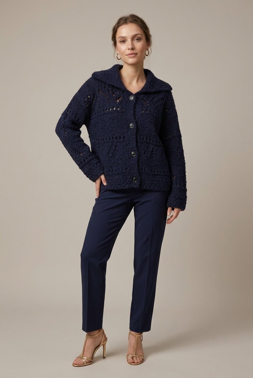 Women Cardigan | Relaxed Fit Cable Knit Button-Front Collar - Evergreen Outfits- Cardigans