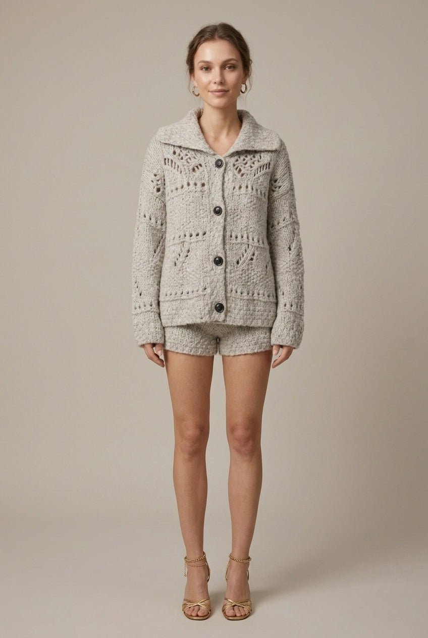 Women Cardigan | Relaxed Fit Cable Knit Button-Front Collar - Evergreen Outfits- Cardigans