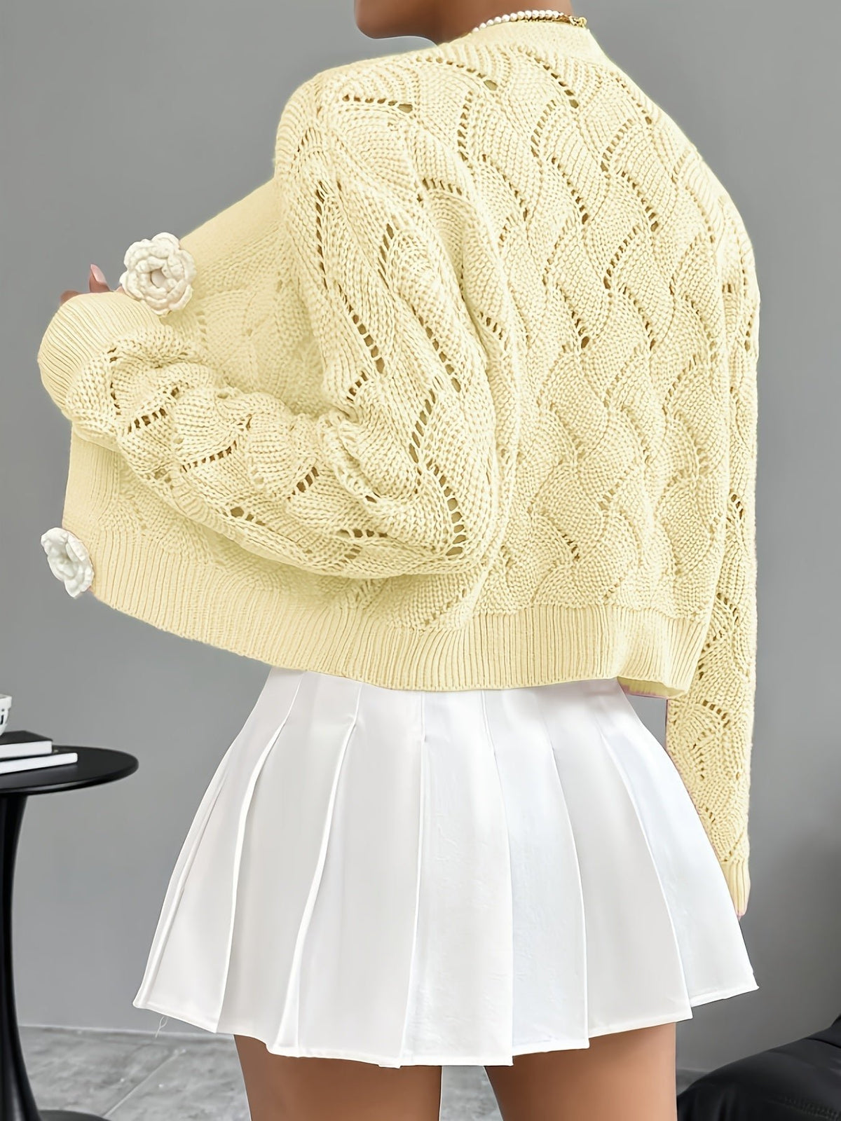 Women Cardigan | Relaxed Fit Open Crochet with V-Neck - Evergreen Outfits- Cardigans