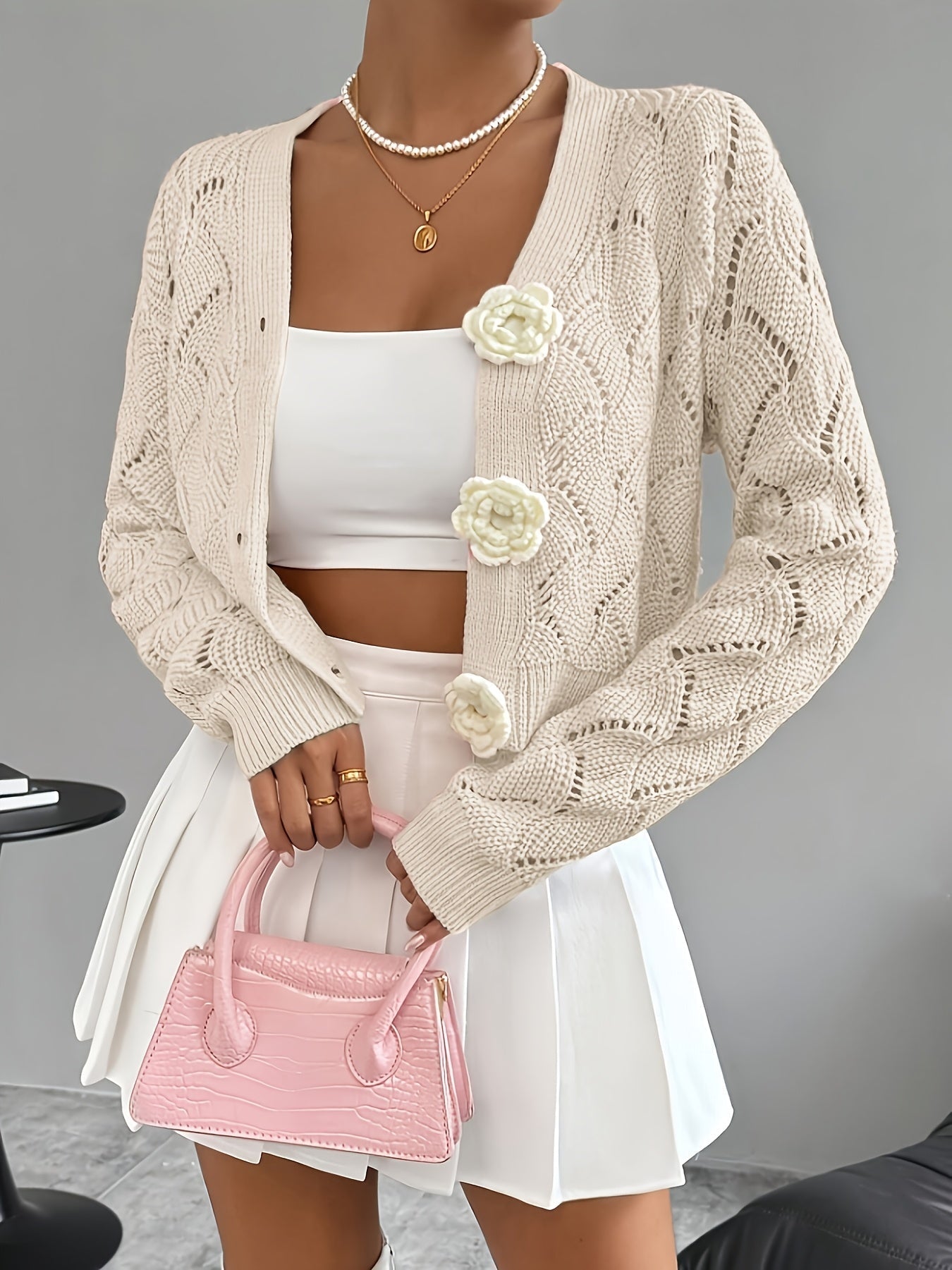 Women Cardigan | Relaxed Fit Open Crochet with V-Neck - Evergreen Outfits- Cardigans
