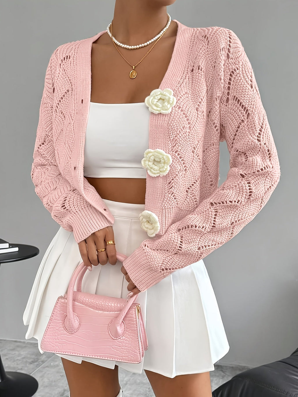 Women Cardigan | Relaxed Fit Open Crochet with V-Neck - Evergreen Outfits- Cardigans