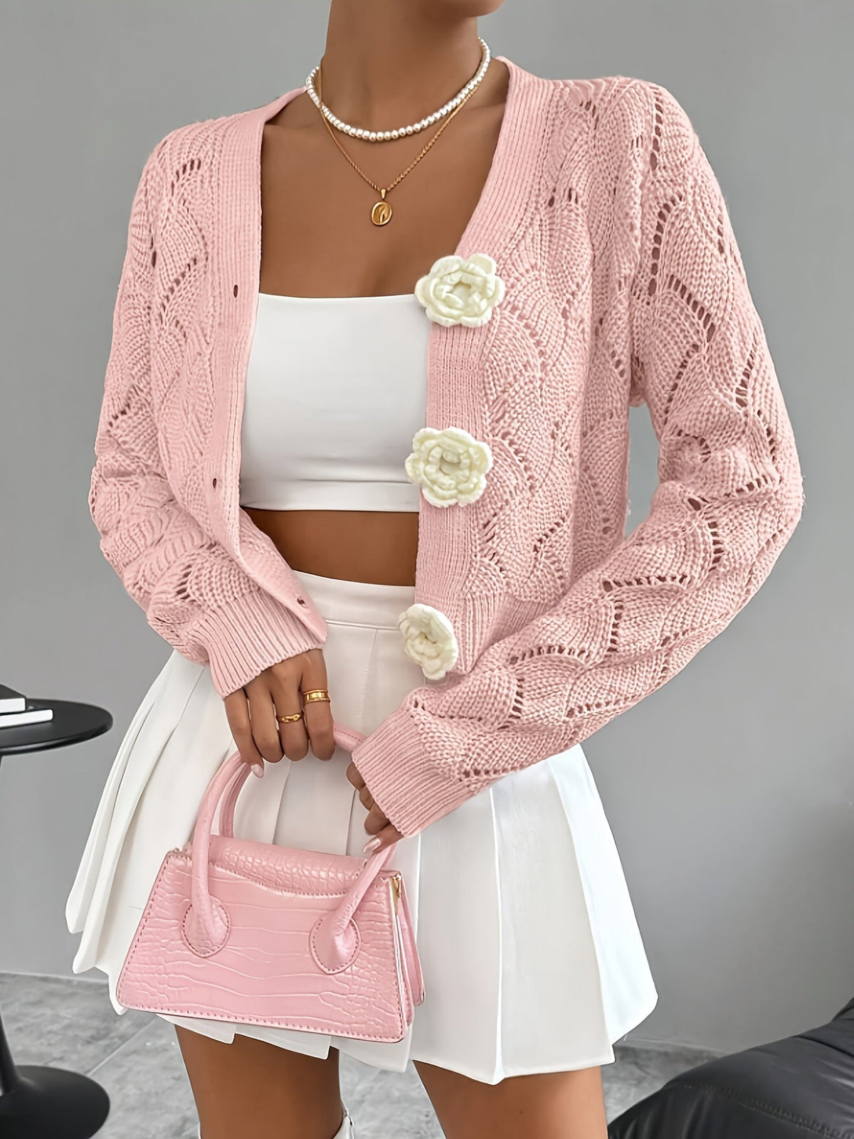 Women Cardigan | Relaxed Fit Open Crochet with V-Neck - Evergreen Outfits- Cardigans