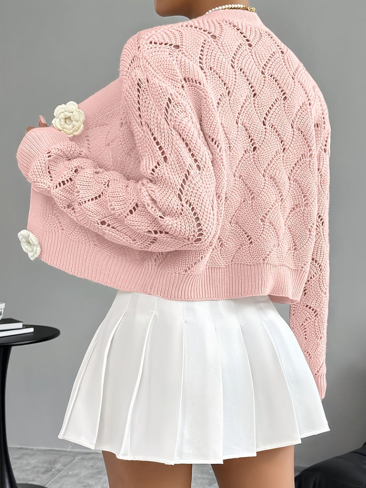 Women Cardigan | Relaxed Fit Open Crochet with V-Neck - Evergreen Outfits- Cardigans