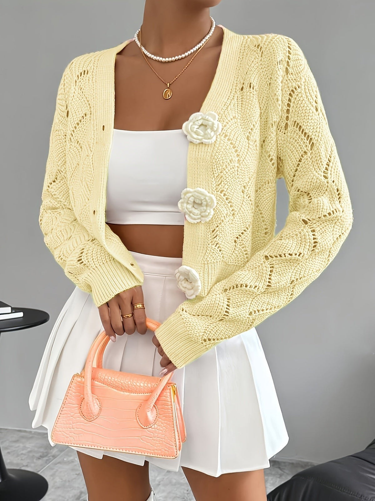 Women Cardigan | Relaxed Fit Open Crochet with V-Neck - Evergreen Outfits- Cardigans