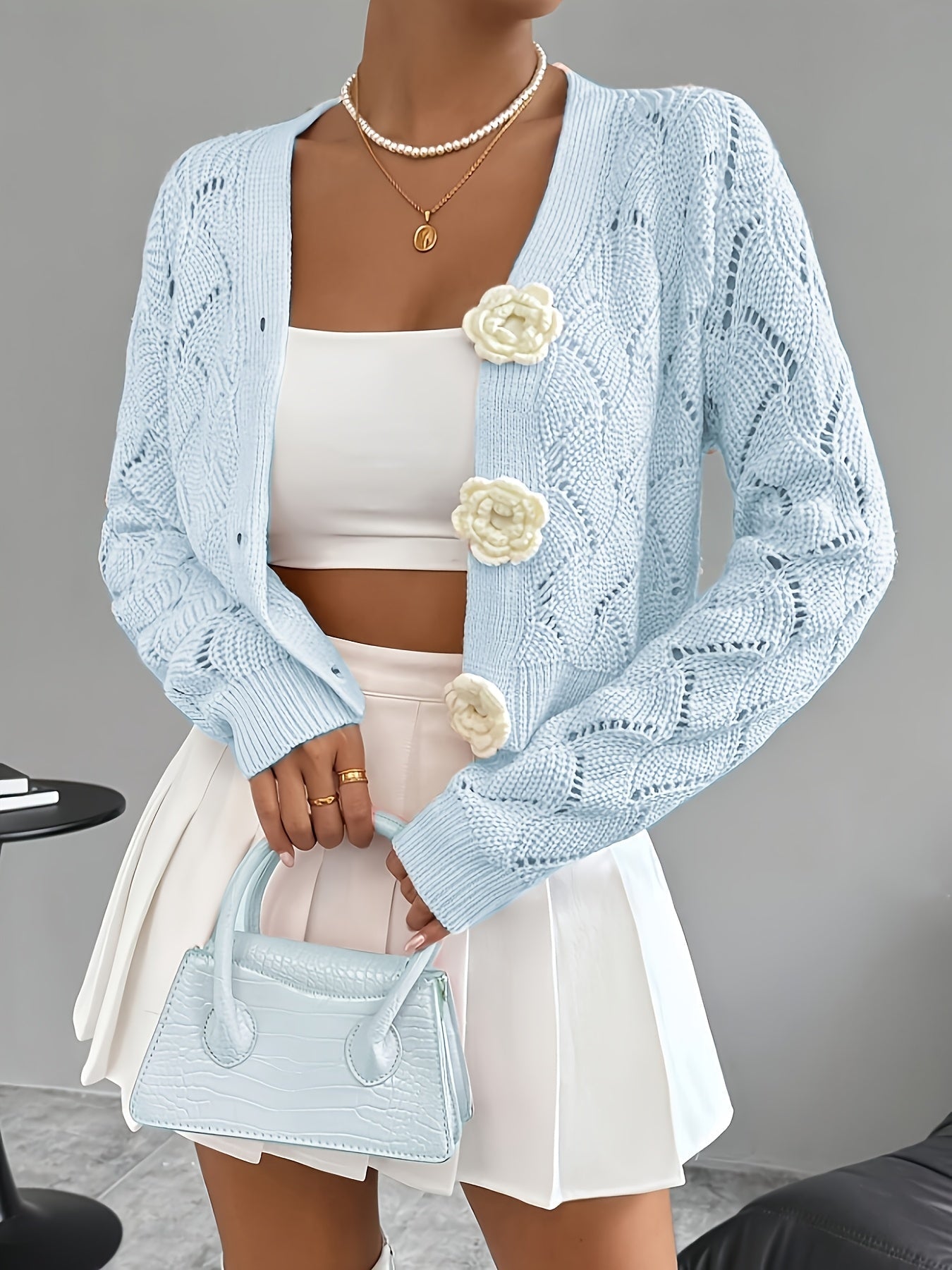 Women Cardigan | Relaxed Fit Open Crochet with V-Neck - Evergreen Outfits- Cardigans
