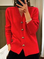 Women Cardigan | Relaxed Fit with V-Neck Button-Down Front - Evergreen Outfits- Cardigans