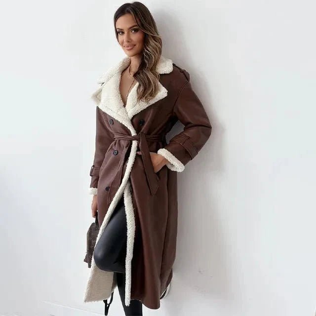 Women Coat | Full-Length Shearling-Lined with Belted Waist - Evergreen Outfits- Coats