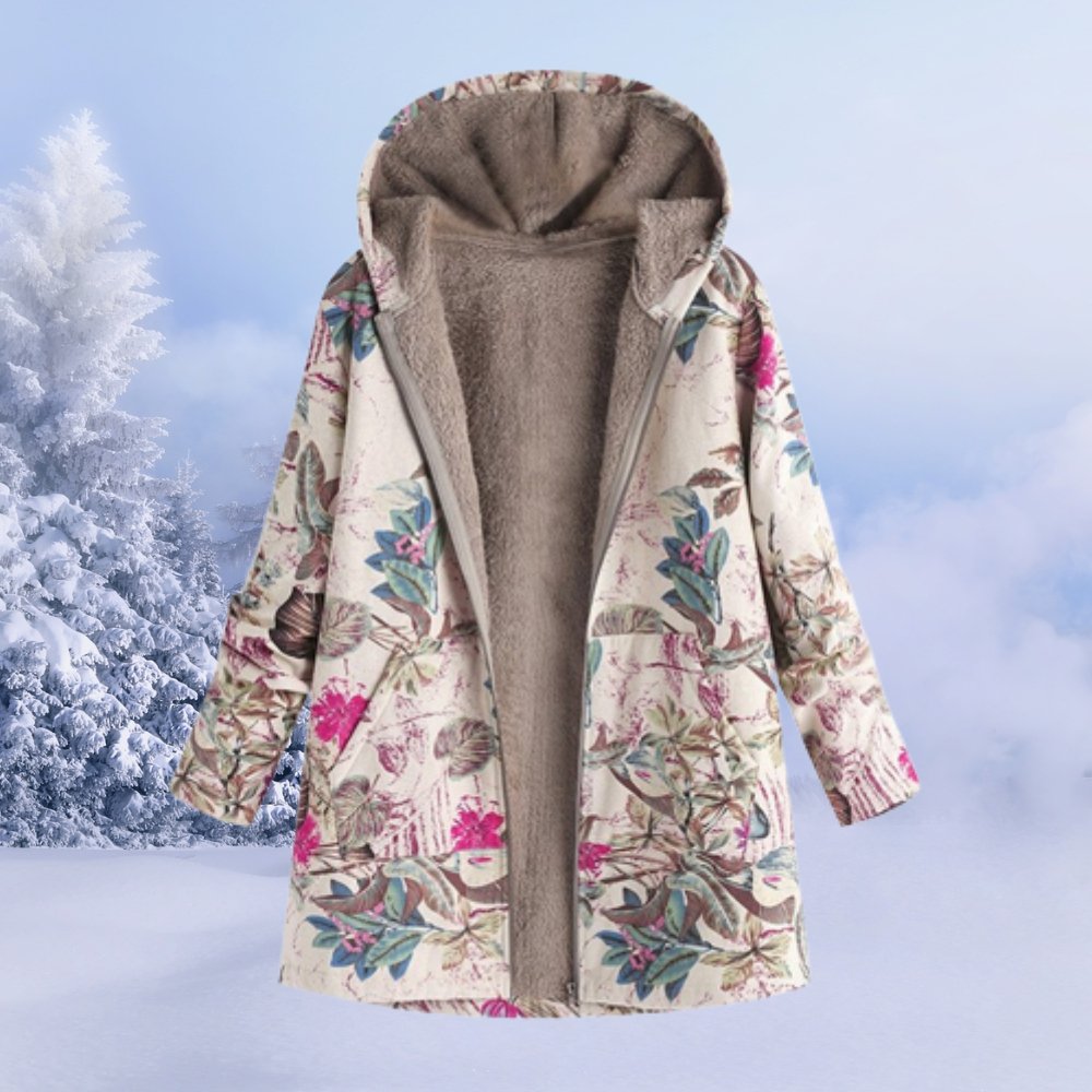 Women Coat | Hooded Floral Print with Full Zip Closure - Evergreen Outfits- Coats