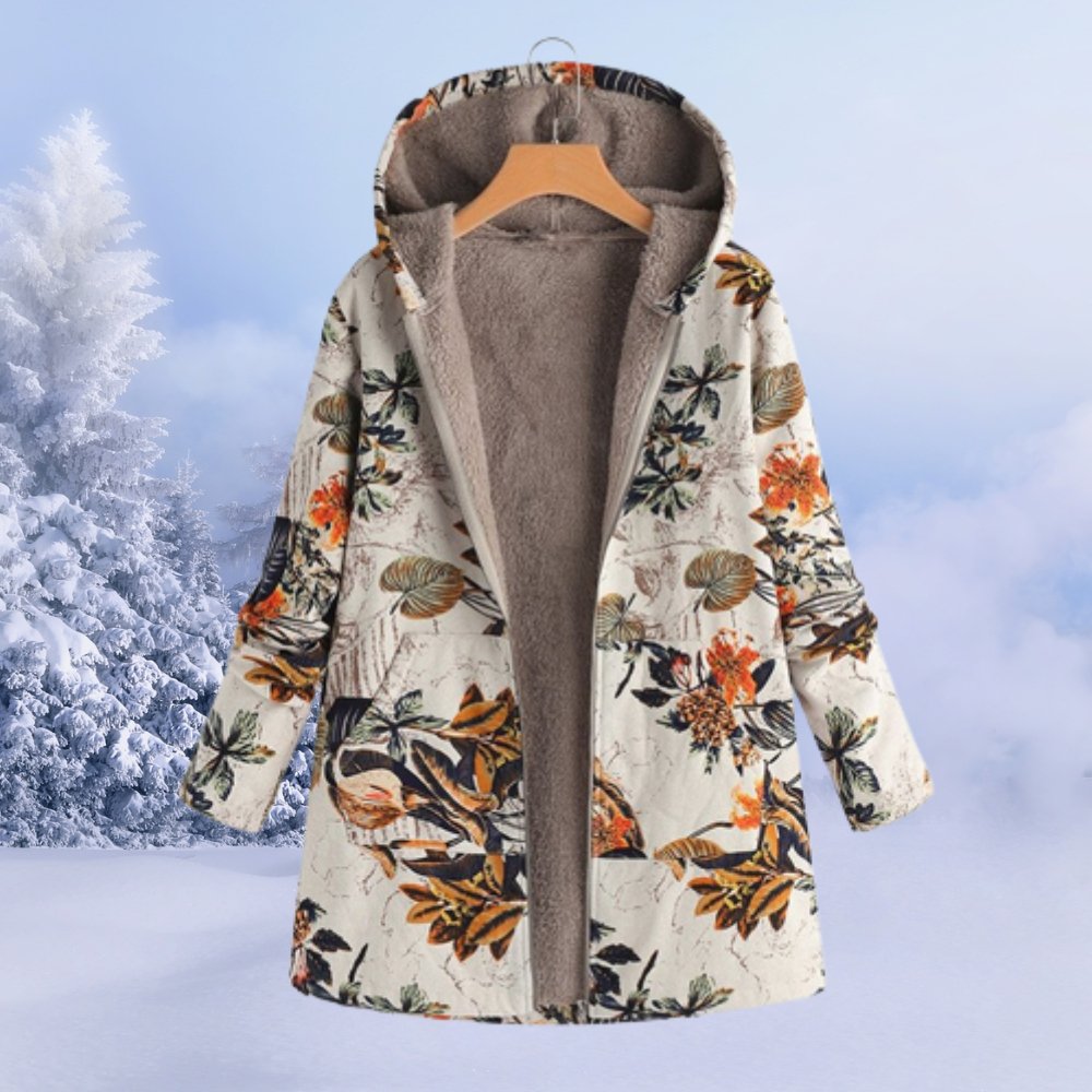 Women Coat | Hooded Floral Print with Full Zip Closure - Evergreen Outfits- Coats