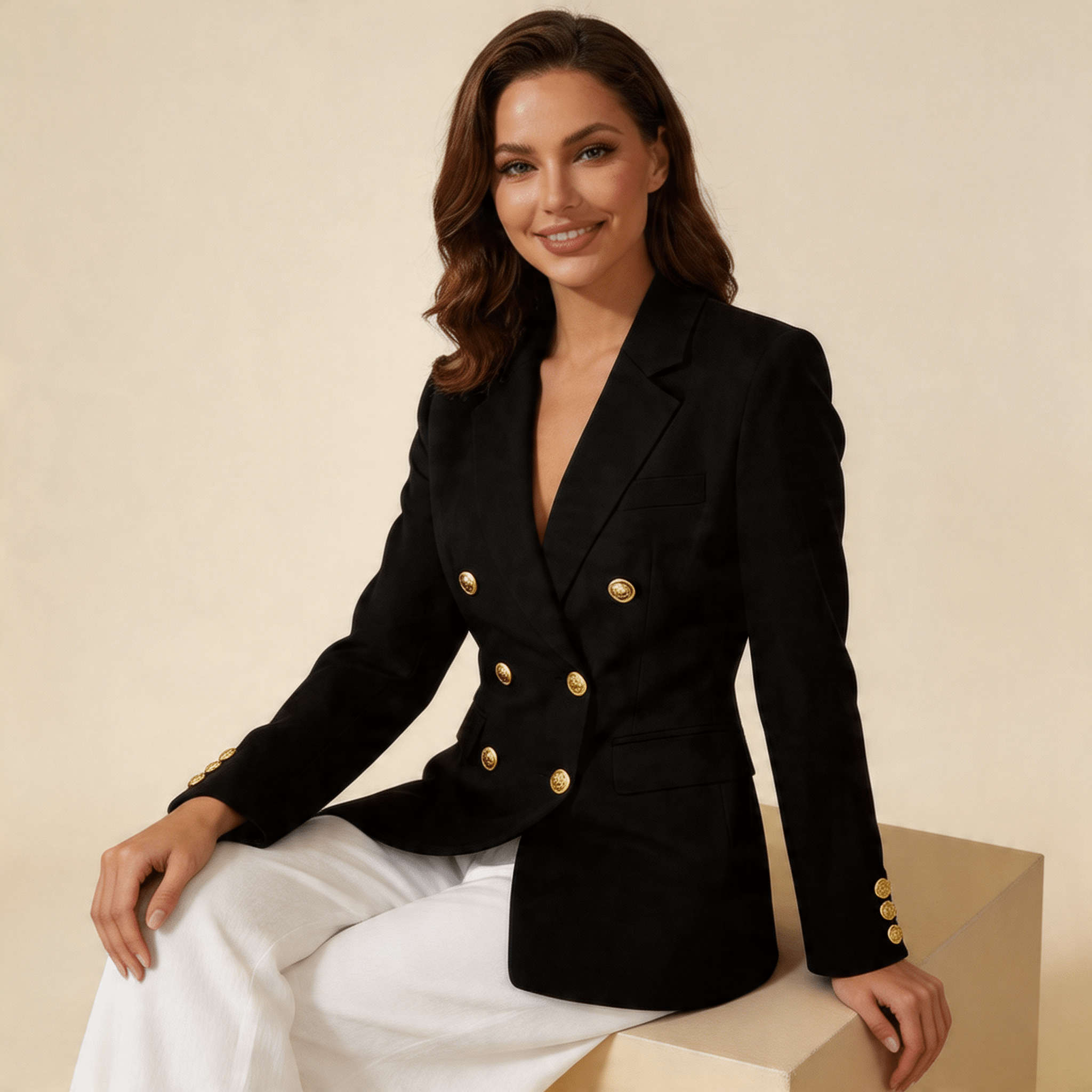Women Coat Jacket Double Breasted Button Front Closure - Evergreen Outfits - Women Blazer