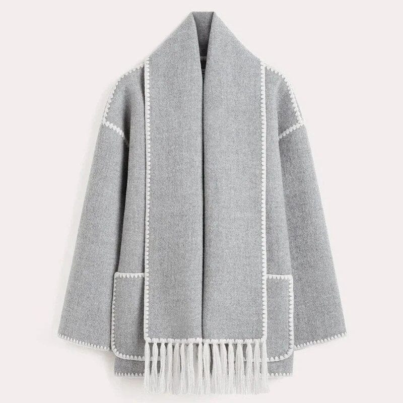Women Coat | Loose Fit with Built-In Fringed Scarf Detail - Evergreen Outfits- Coats