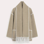 Women Coat | Loose Fit with Built-In Fringed Scarf Detail - Evergreen Outfits- Coats