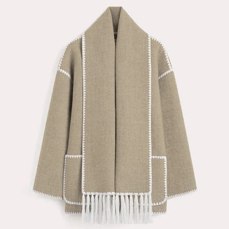 Women Coat | Loose Fit with Built-In Fringed Scarf Detail - Evergreen Outfits- Coats