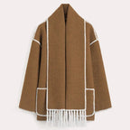 Women Coat | Loose Fit with Built-In Fringed Scarf Detail - Evergreen Outfits- Coats