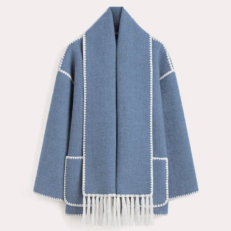 Women Coat | Loose Fit with Built-In Fringed Scarf Detail - Evergreen Outfits- Coats