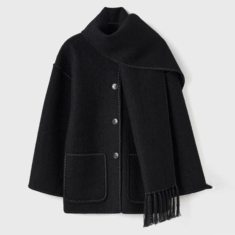Women Coat | Loose Fit with Built-In Fringed Scarf Detail - Evergreen Outfits- Coats