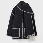 Women Coat | Loose Fit with Built-In Fringed Scarf Detail - Evergreen Outfits- Coats