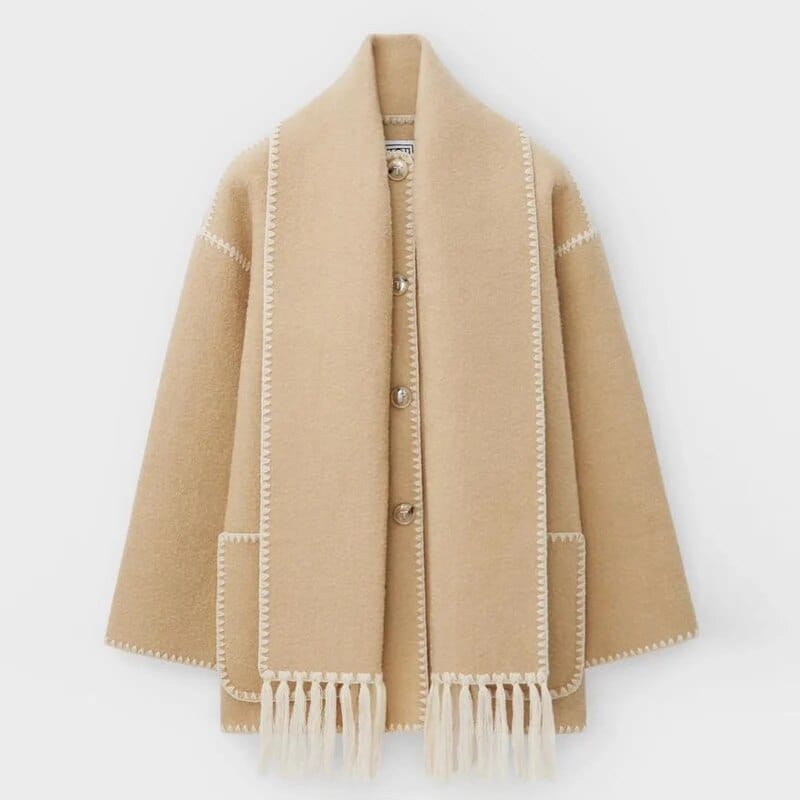 Women Coat | Loose Fit with Built-In Fringed Scarf Detail - Evergreen Outfits- Coats