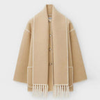 Women Coat | Loose Fit with Built-In Fringed Scarf Detail - Evergreen Outfits- Coats