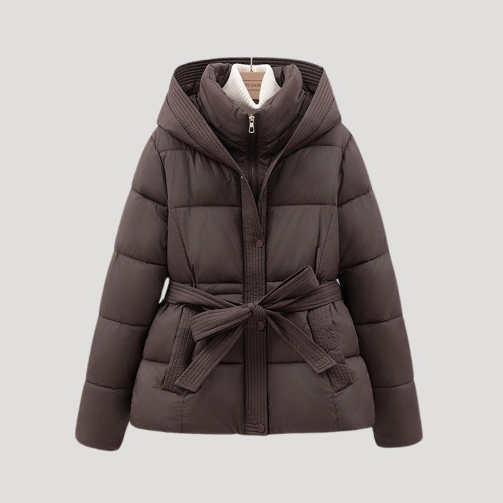 Women Coat | Quilted Belted Design with Attached Hood - Evergreen Outfits- Coats