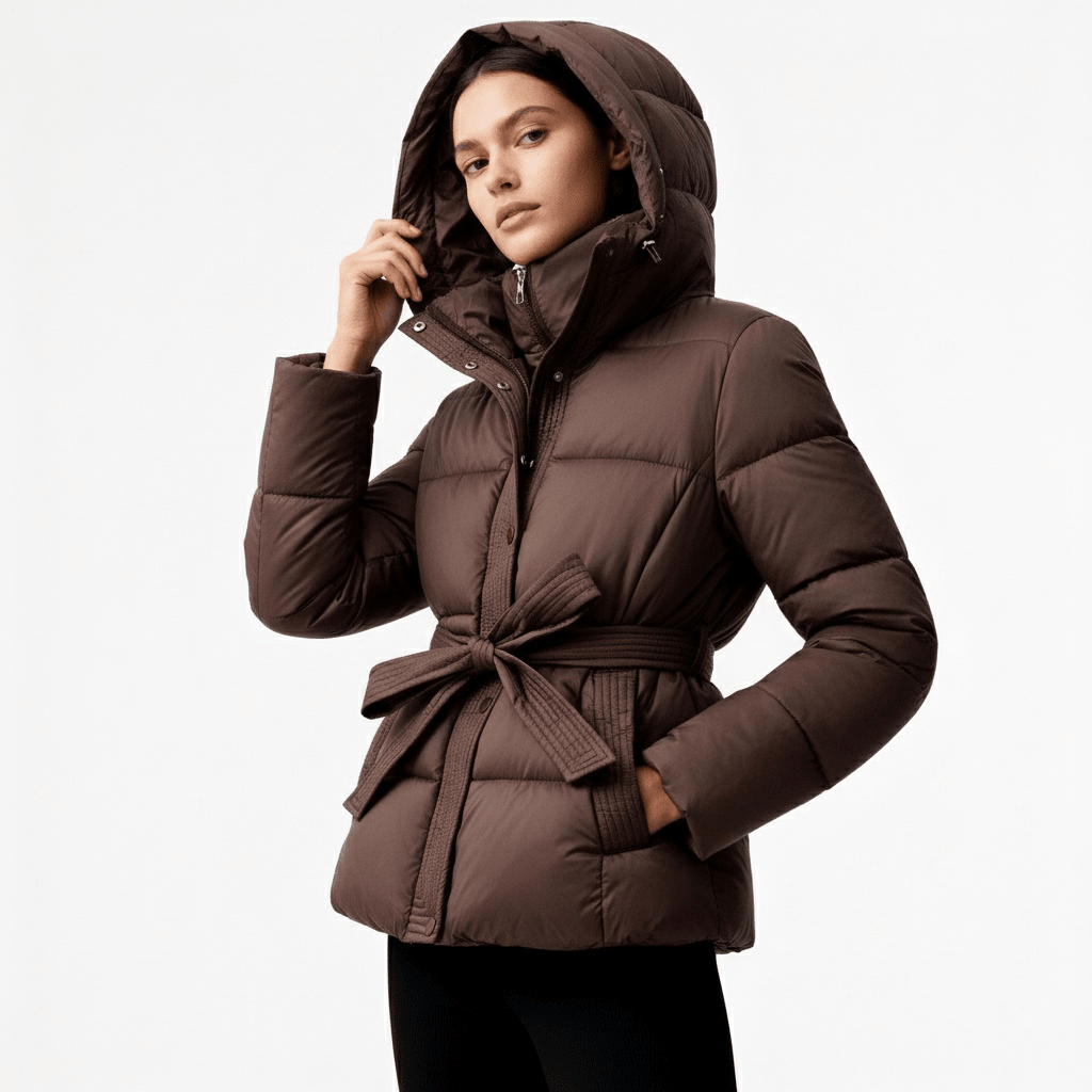 Women Coat | Quilted Belted Design with Attached Hood - Evergreen Outfits- Coats