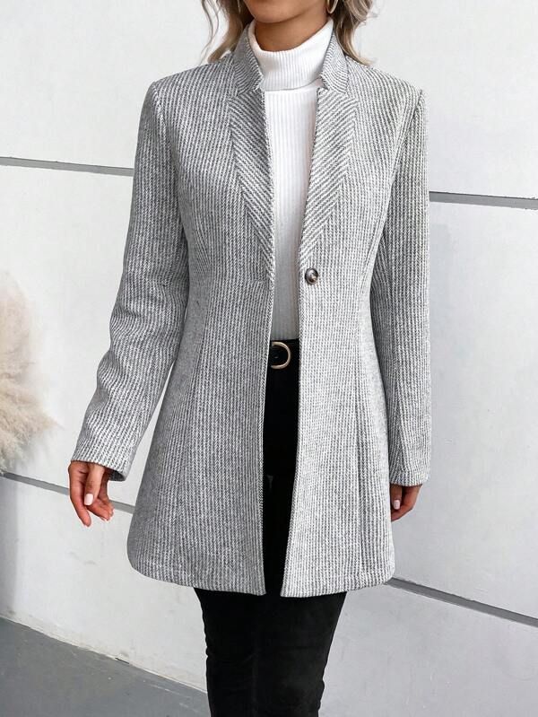 Women Coat | Single-Button Longline Herringbone Design - Evergreen Outfits- Coats