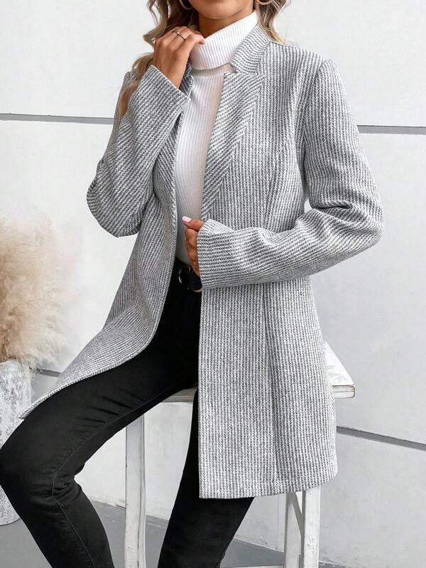 Women Coat | Single-Button Longline Herringbone Design - Evergreen Outfits- Coats