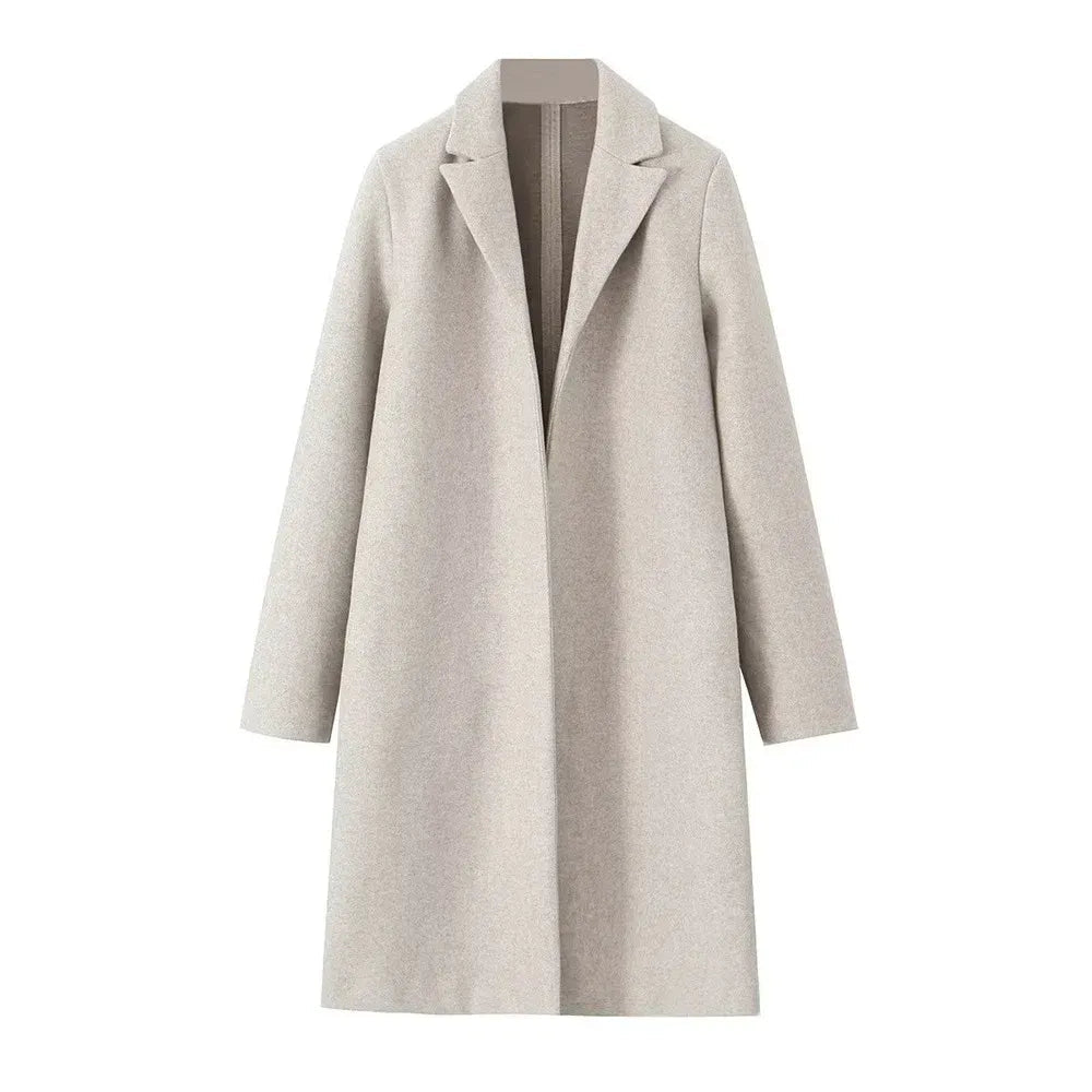 Women Coat | Straight-Cut Long Silhouette with Hidden Button Front - Evergreen Outfits- Coats