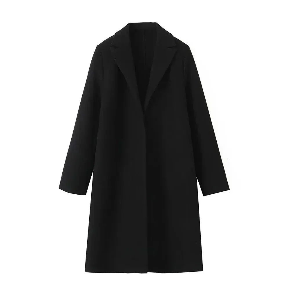 Women Coat | Straight-Cut Long Silhouette with Hidden Button Front - Evergreen Outfits- Coats