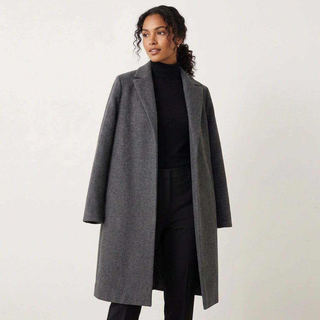 Women Coat | Straight-Cut Long Silhouette with Hidden Button Front - Evergreen Outfits- Coats