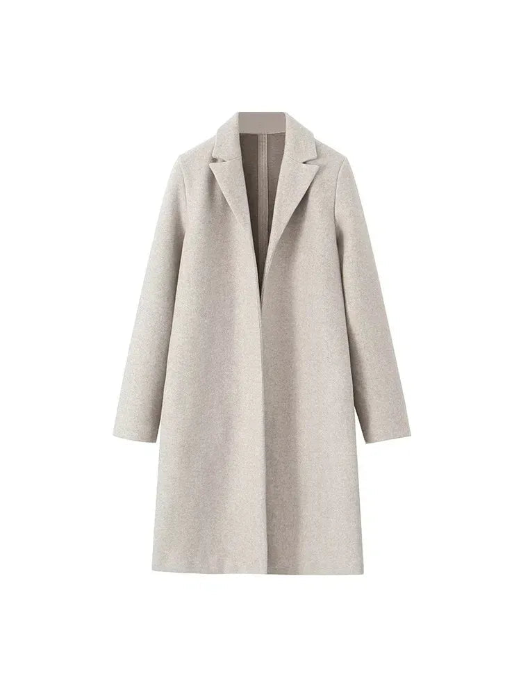 Women Coat | Straight-Cut Long Silhouette with Hidden Button Front - Evergreen Outfits- Coats